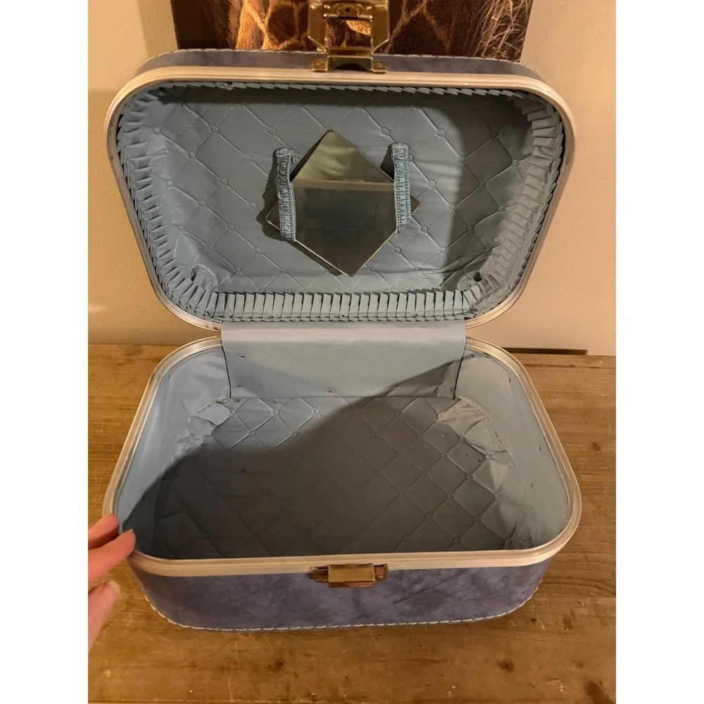 Vintage Blue Faux Leather Train Case Vanity Makeup‎ Travel Bag with Mirror